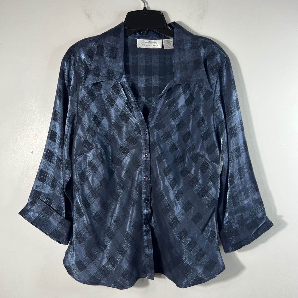 Womens Vintage Giorgio Fiorlini Satin Plaid Button‎ Dress Blouse Blue Black L